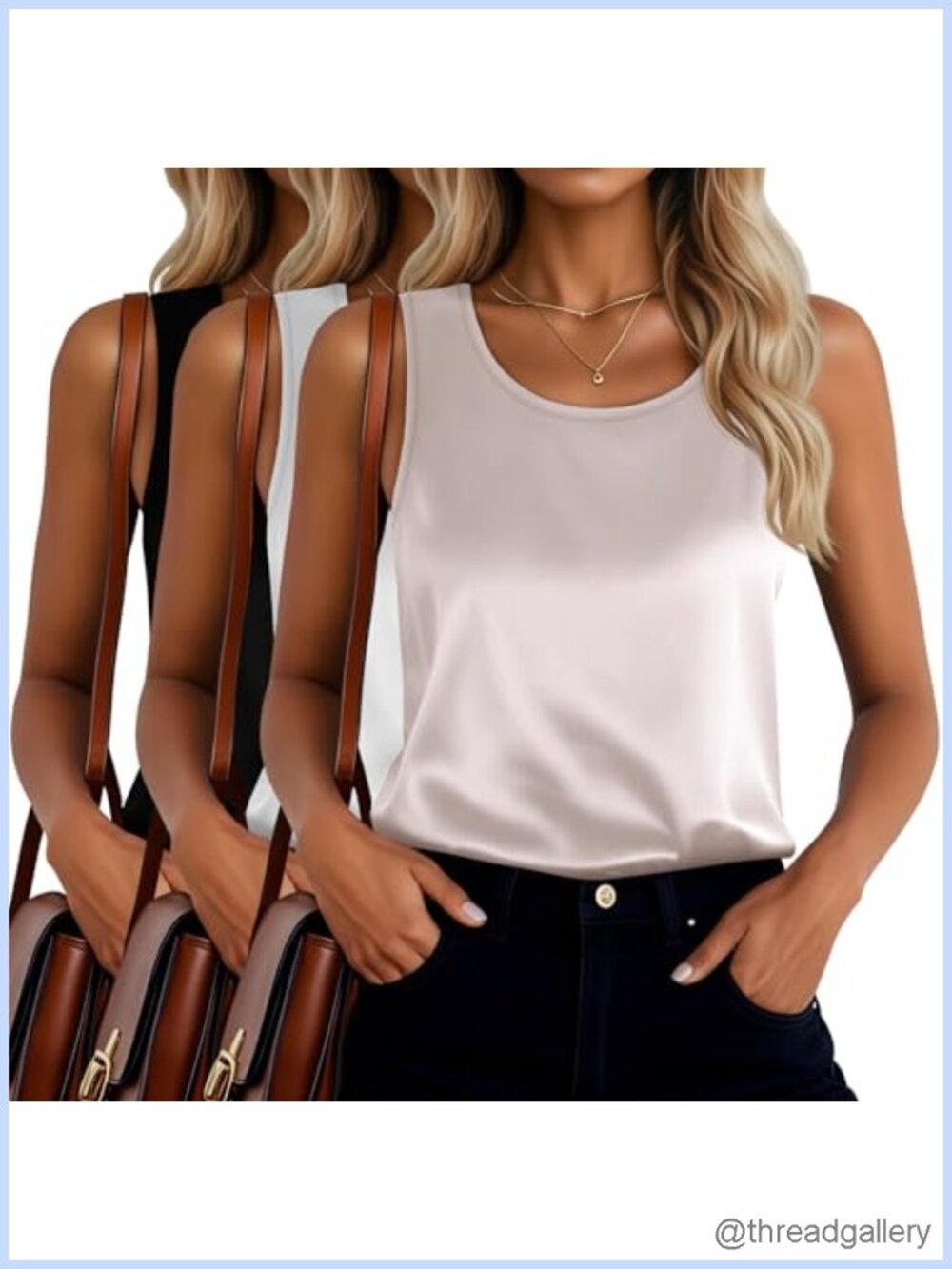 Satin Tank Tops 3 Pack Women's Lightweight Sleeveless Camisole Scoop Neck